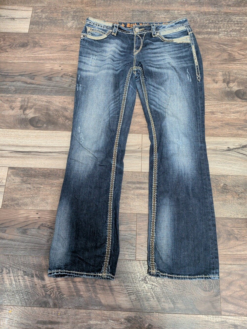 Rock Revial Roza Easy Boot Women Blue Denim Jeans Sz 31 Flap Pocket Distressed - Picture 15 of 16